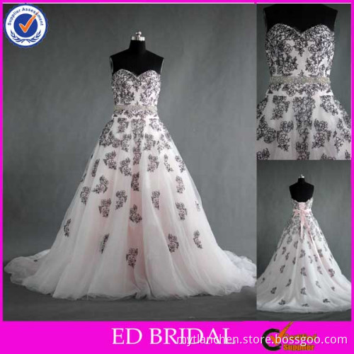 LN80 Designer Latest Black Embroidery Lace Appliqued Real Sample Light Pink Wedding Dress